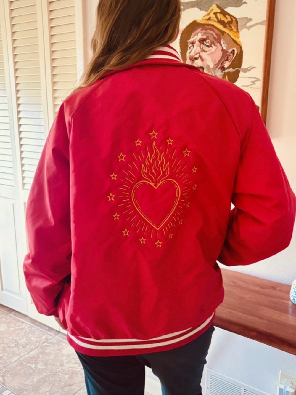Vintage Red Sacred Heart Embroidered Bomber Jacket Gold Stars Retro Womenβs Mens